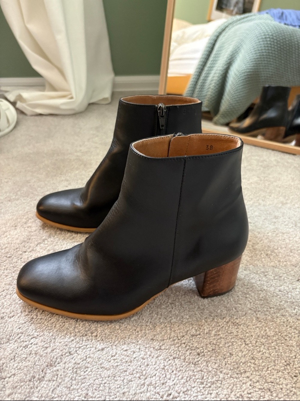 BHAVA Studio Black Vegan Leather Ankle Boots with Wood Heel
